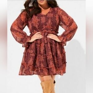 torrid Brown and Rust Floral Tiered Long-Sleeve Dress